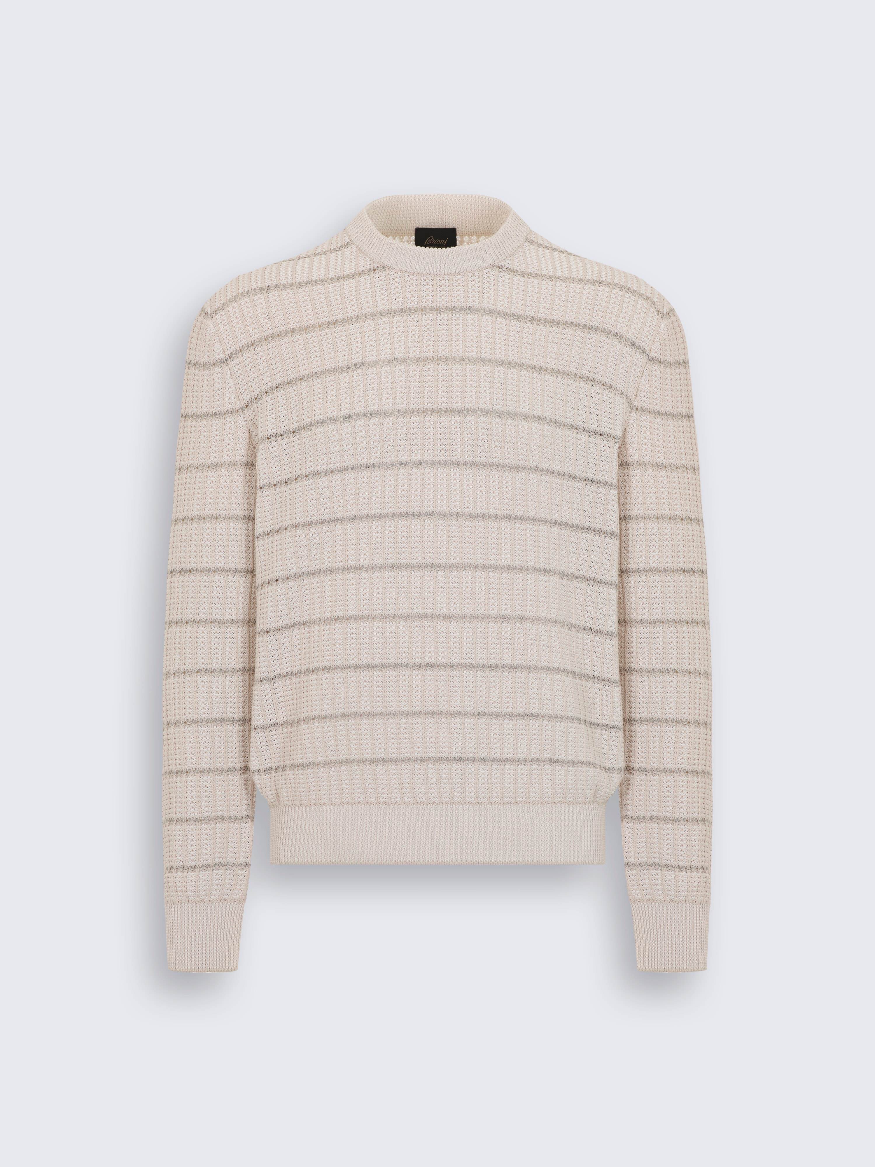 go toIvory white and beige cotton and linen striped crewneck sweater